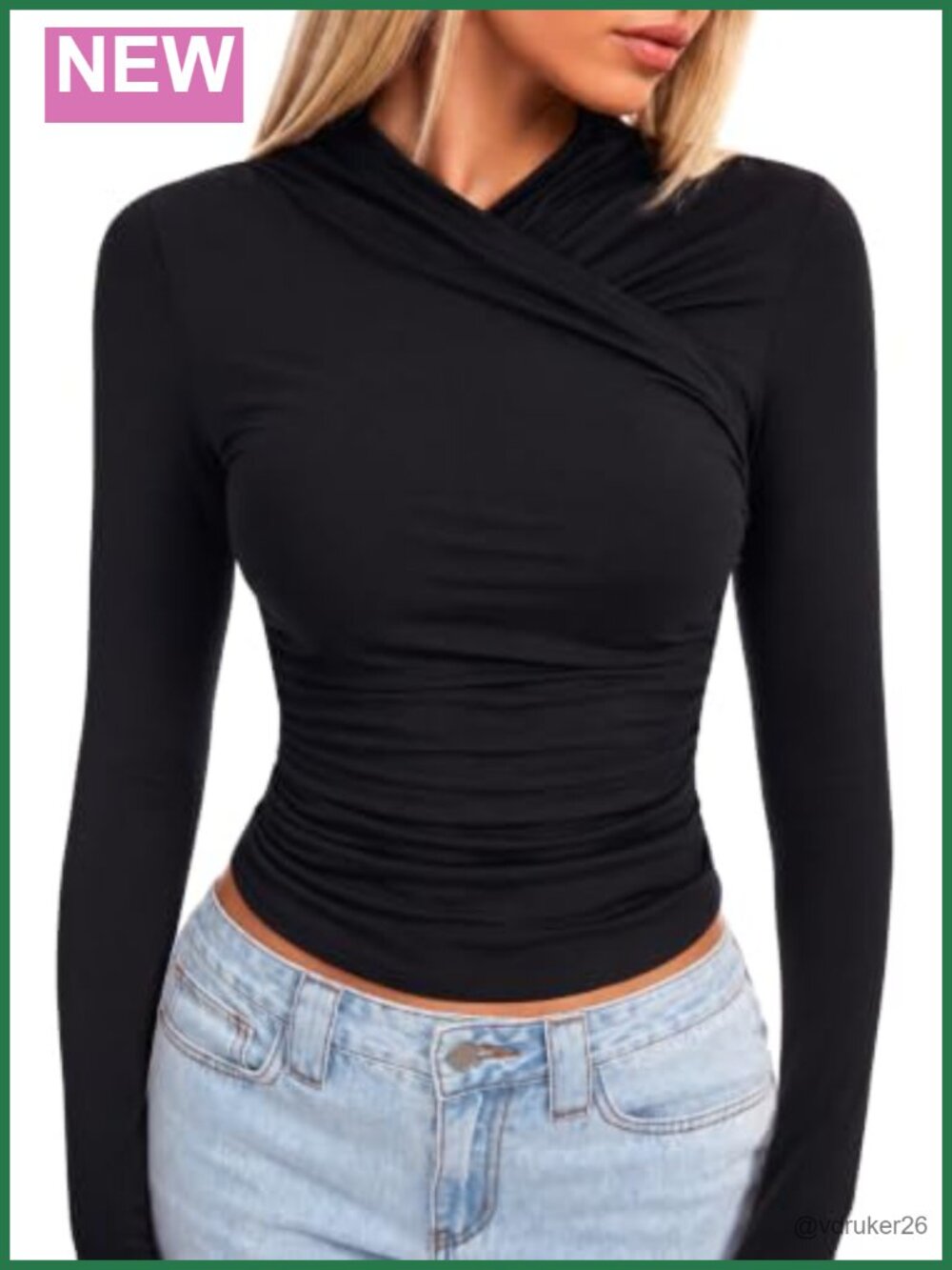 Women Ruched Mock Neck Crop Top Wrap Fitted Long Sleeve